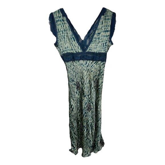 Vintage Y2K Tie Dye Embellished Silk Slip Dress Medium Blue Beaded 2000s Lace - Picture 3 of 9